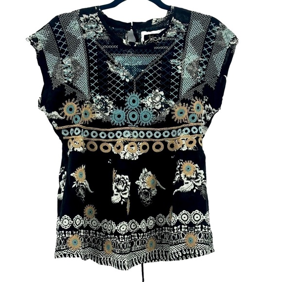 Johnny Was Embroidered Perlette Tie-Back Silk Blouse Short Sleeve Size S NWT - Picture 6 of 9